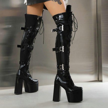 GBBRZKTB High Heels Women's Overknee Boots Platform Chunky Heel Zipper Buckle Lace-up High Boots Party Shoes 12cm, Bright black-36