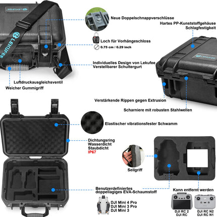 LEKUFEE Travel Waterproof Case for DJI Mini 4 Pro/3 Pro/3 Drone, Fly More Combo, RC 2/RC-N2 Remote Controller and Accessories (Carrying Case Only)