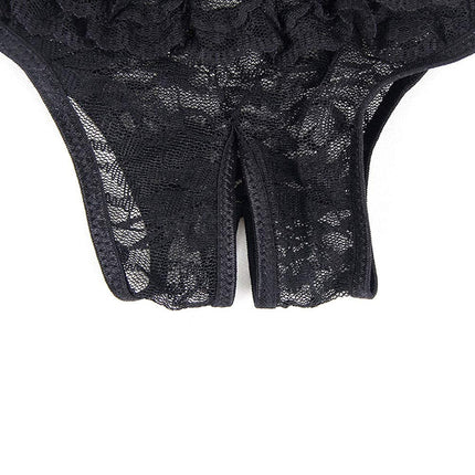 ohyeahlady String Thong Women's Sexy Lingerie Open Crotch Lace Briefs Large Sizes Panty Hipster Panties Ouvert Underwear Soft Floral Hole Underpants Black, M