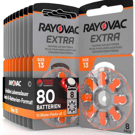 80 batteries for hearing aids Rayovac Extra 13. - 10 blisters of 8 batteries
