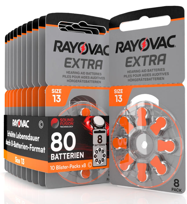 80 batteries for hearing aids Rayovac Extra 13. - 10 blisters of 8 batteries