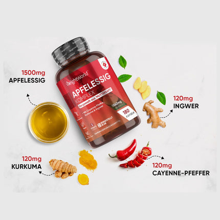 Apple Cider Vinegar Capsules - 1860mg Apple Cider Vinegar Complex of Mother Juice &amp; Lactobacillus Gasseri, Turmeric, Ginger &amp; Cayenne Pepper - 180 Capsules for 2 Months - Apple Cider Vinegar - WeightWorld