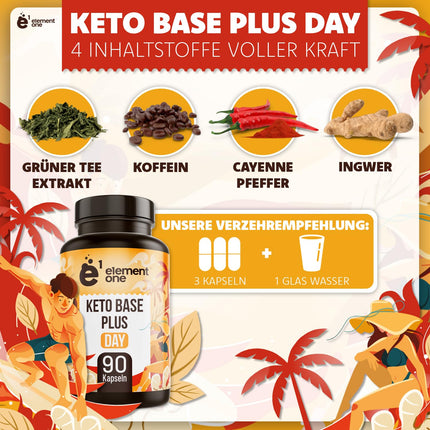Keto Base Plus Day - Daily Keto Complex - 90 vegan capsules - with ginger, green tea extract, cayenne pepper, and caffeine - popular with athletes and fitness enthusiasts - vegan, gluten-free, and lactose-free