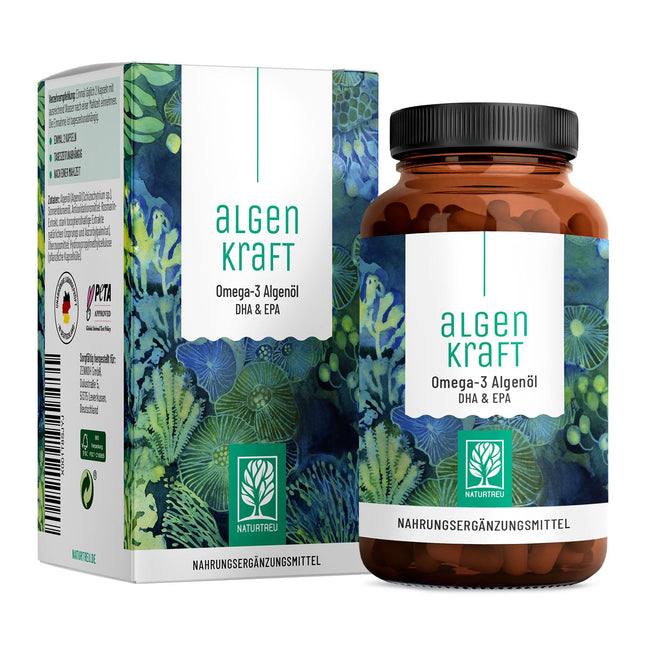 NATURTREU® Algenkraft - Omega 3 Vegan from algae oil – 1000mg Omega 3 algae oil from sustainable cultures – Microalgae oil with a high dose of DHA &amp; EPA in the optimal ratio – Laboratory-tested