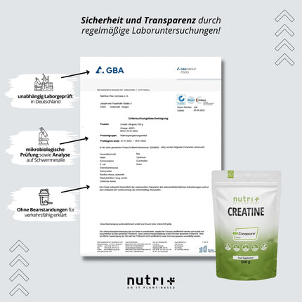 Nutri + Creapure 500g - Creatine Monohydrate Powder - 100% Pure - Ultra Fine Creatine Neutral High Dose - Vegan Creatine Powder from Germany