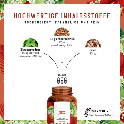L-Lysine 1000 mg high-dose - L-Lysine complex with lemon balm and selenium - High-dose L-Lysine capsules - Naturtreu Kussmund vegan &amp; laboratory-tested