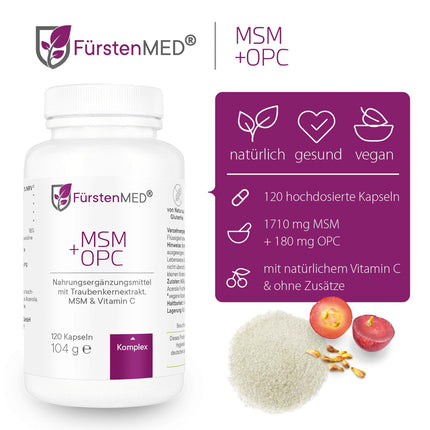 FürstenMED® MSM + OPC Capsules High-dose with 1710mg MSM powder + 180mg OPC &amp; Vitamin C (from Acerola) per daily dose - 120 Capsules, Vegan, Laboratory-tested &amp; No additives
