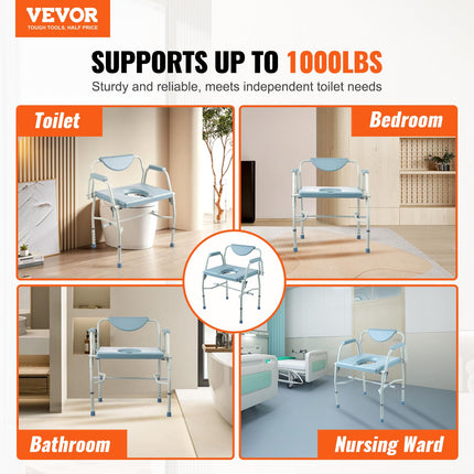 VEVOR Commode Chair Bedside Commode with Fold-Down Arms and Removable Backrest, 5-Level Height Adjustable 50-62 cm, Removable 7-Liter Bucket, Easy to Assemble, 453.6 kg Capacity