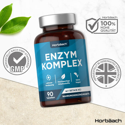 Digestive Enzymes | Enzyme Complex Amylase, Protease, Lactase, Lipase, and Cellulase | Betaine HCl | 90 vegan tablets | Digestive Enzymes | Horbaach