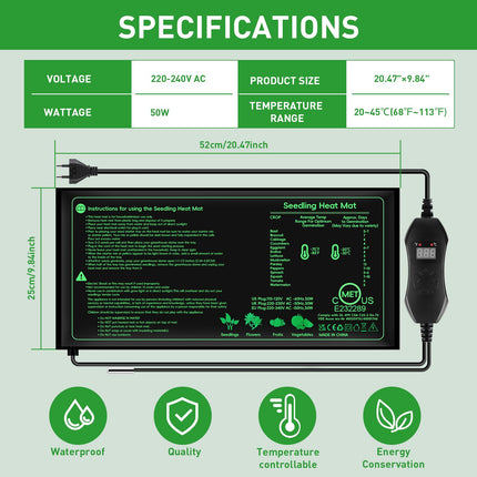 Verdenu Heat Mat Plant Heating Mat, 25 * 52 cm Heating Mat with Digital Thermostat Controller Combo Set, Propagation Heating Mat for Plant Germination, Indoor Greenhouse Propagator, Greenhouse