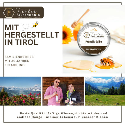 Propolis ointment with beeswax, olive oil, propolis tincture, and shea butter. Ointment (40g) made with Tyrolean Alpine honey in the Tyrolean mountains.