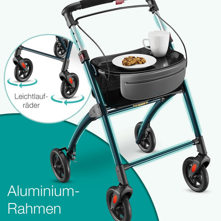 ELONEO Rollator for Homes, 54cm Wide, Foldable and Lightweight, Including Tray &amp; Fabric Basket, Narrow Rollator for Homes, Indoor Rollator, Foldable, Aluminum, Mobility for Home, Anthracite