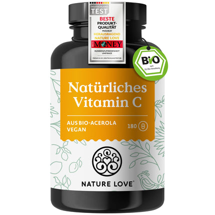 NATURE LOVE® Natural Vitamin C from Organic Acerola Extract - High Dose - Best Bioavailability - 180 Capsules - Immune System - Oxidative Stress - Laboratory-Tested, Vegan, and Produced in Germany