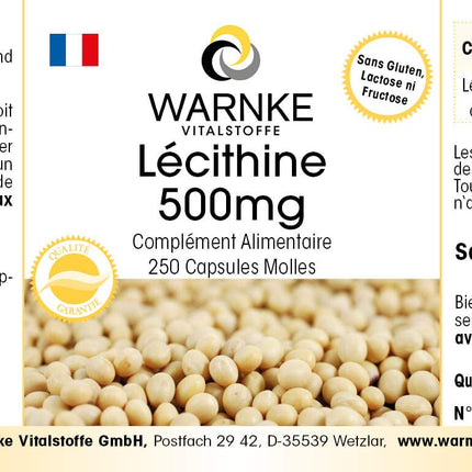 Lecithin 500mg - from soy - 250 softgels - GMO-free - high dosage - bulk pack | Warnke Vitalstoffe - German pharmacy quality