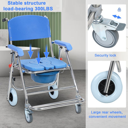 Foldable shower-commode wheelchair, height adjustable with removable bucket and footrests, mobile toilet chair with wheels, suitable for seniors and people with limited mobility Bl