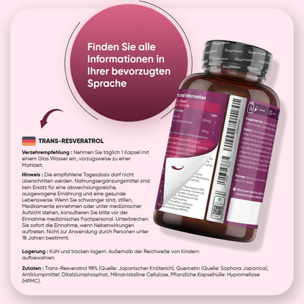Resveratrol Capsules - 500mg Trans-Resveratrol with 50mg Quercetin - 4-Month Supply - Alternative to OPC Capsules - 120 Vegan Capsules without Magnesium Stearate - Polyphenols from Knotweed - WeightWorld