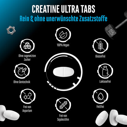 Creatine Ultra Tabs - 300 tablets with 1150 mg of pure creatine monohydrate each - 100 applications - Premium: Ultrafine + mesh factor of 200 - High dosage - Vegan