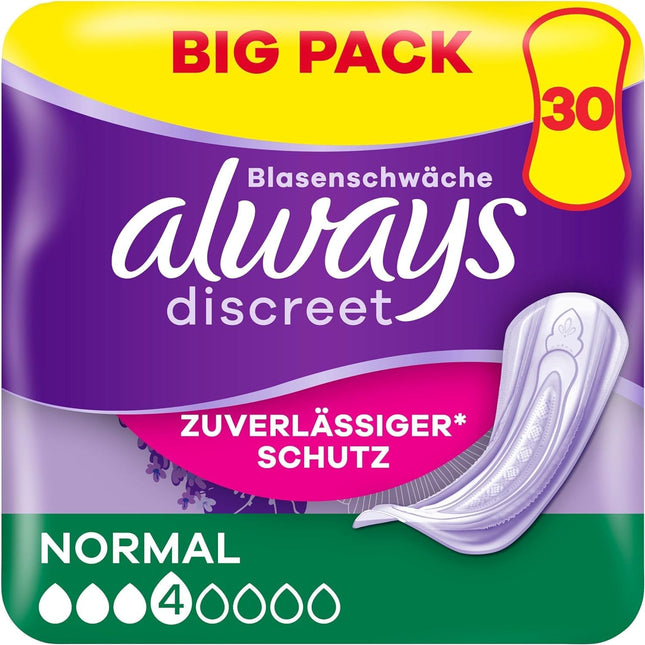 Always Discreet Incontinence Pads for Women Normal 30 Pack All-round protection Incredible discretion