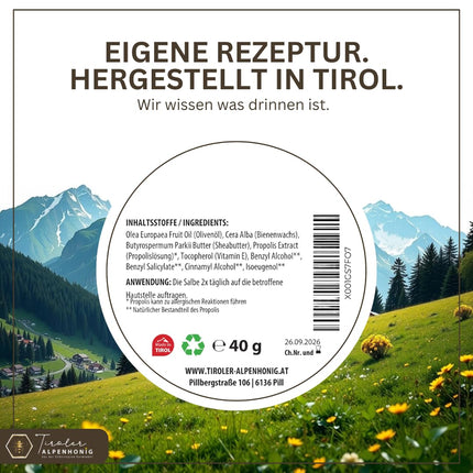 Propolis ointment with beeswax, olive oil, propolis tincture, and shea butter. Ointment (40g) made with Tyrolean Alpine honey in the Tyrolean mountains.