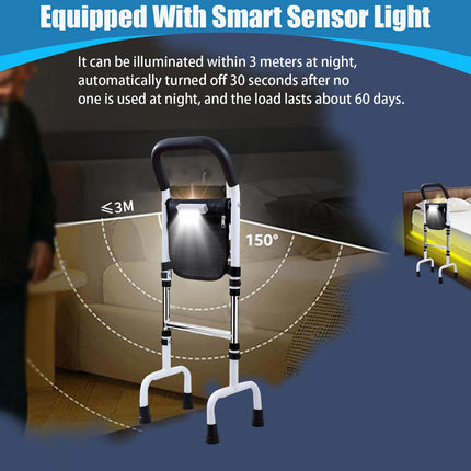 Elderly standing aid, standing aid bed, adjustable height standing aid, mobile standing aid with storage bag and 4 handles and motion light, suitable for elderly and disabled people, walking aid