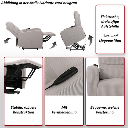 Mendler TV armchair HWC-K62, recliner chair, TV armchair, reclining function, stand-up aid, metal fabric/textile cord - blue