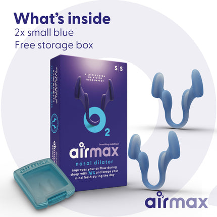 Airmax nasal dilator - snore stopper - 76% more air through the nose - anti-snoring nasal dilator - breathe better - sleep better - free nasal breathing - airflow dilator - two pieces small blue