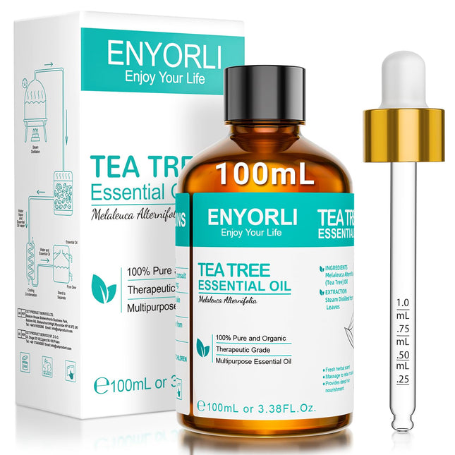 ENYORLI Tea Tree Oil 100ml Natural Tea Tree Oil 100% Pure and Essential Aromatherapy Oil Vegan Tea Tree Essential Oil for Diffuser, Shampoo, Face, Skin, Nails