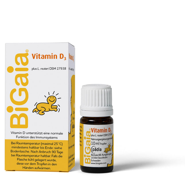 BiGaia Drops Plus Vitamin D3, 10ml, with natural lactic acid bacterium L. reuteri to support the intestinal flora, for infants from birth