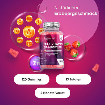 Multivitamin Gummies - 120 Gummies with 13 Ingredients - With Iodine, Vitamins C, A, D3, E, B9, B5, Biotin, Zinc - Strawberry Flavor - 2-Month Supply - Alternative to Capsules - WeightWorld
