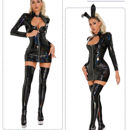 Maeau patent leather jumpsuit women's one-piece catsuit stretch wetlook bodysuit tight latex pencil skirt shiny PU short skirt 2XL-3XL