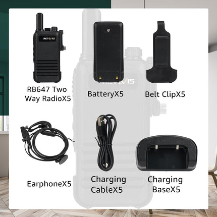 Retevis RB647 IP67 Waterproof Walkie Talkie, Portable Two-Way Radio with Earpiece, PMR446 Rechargeable 1000 mAh, VOX, Professional Walkie Talkies for Restaurant, Hotel (Black, 5 Pack)