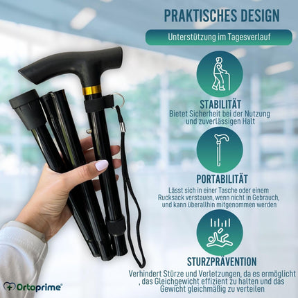 OrtoPrime folding walking stick, foldable walking stick, foldable walking stick for men and women, adjustable walking stick, extendable.