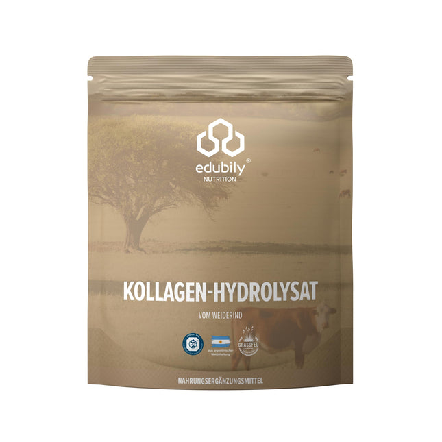 edubily nutrition® Collagen Powder • From certified pasture-fed farming • Premium collagen hydrolysate with co-factors for joint health and strong connective tissue • In a velcro bag (750 g)