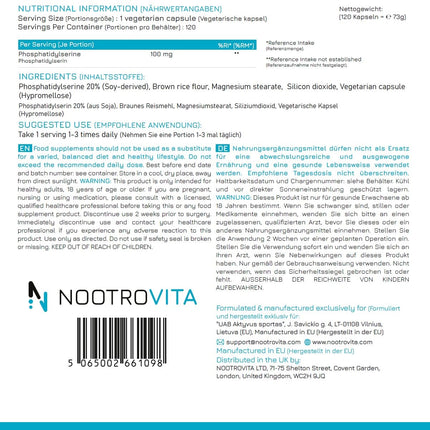 Phosphatidylserine 120 Capsules - For stress, concentration, memory | Anti-stress tablets for lowering cortisone | Cortisol blocker | High-dose, vegan Phosphatidyl Serine | Nootrovita