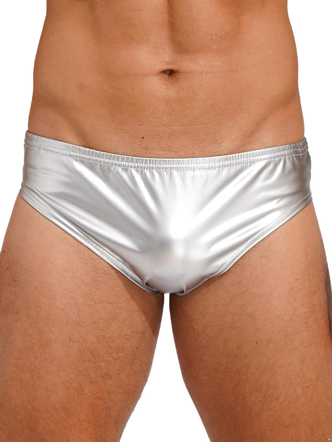 winying briefs men's patent leather sexy wetlook underpants underwear men bikini briefs panties lingerie strings thongs latex lingerie silver L