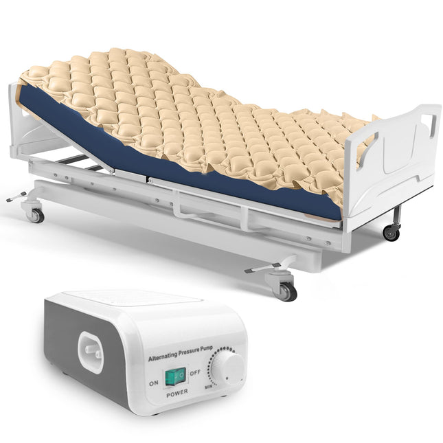 Kyltoor alternating pressure mattress against bedsores Bed pad against bedsores for hospital bed including inflatable air mattress and quiet pump, for the relief of bed sores and for the treatment