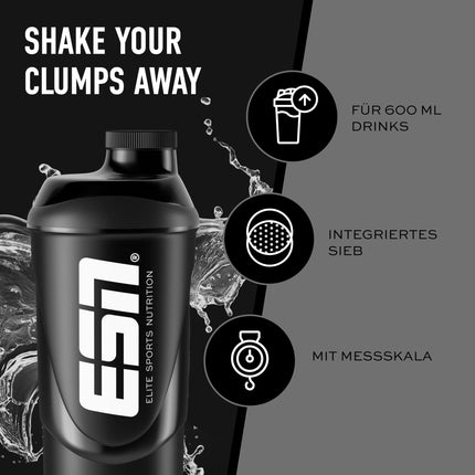 ESN Shaker, Black, 600 ml, leak-proof, shaker with measuring scale for easy dosing, free from BPA &amp; DEHP