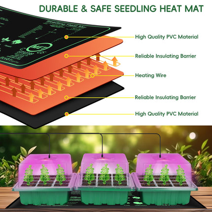 Verdenu Seed Indoor Propagator with Plant Lamp and Heat Mat, 3 Pack 36-Cell Growing Greenhouse with Humidity Dome, 3 Lighting Modes, 4 Dimming Levels, Reusable Propagator