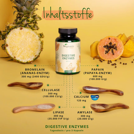 Enzyme Complex | Bromelain - Papain - Amylase - Lipase - Cellulase | Enteric-coated DRCaps® | Natural digestive enzymes | Laboratory-tested | No additives | German production Vegavero®