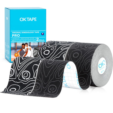 OK TAPE Pro Kinesiology Tape (5cm x 5m) Waterproof, skin-friendly, elastic kinesiology tape for knee pain, elbow, and shoulder (2 rolls, black + black and white)