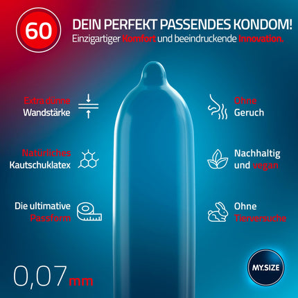 MY.SIZE Classic Condoms Size 5 I 60 mm Width I 36 Pieces Large Pack I Premium Condoms Extra Thin I Realistic, Ultra-Thin Condoms I Thin 0.07 mm Wall Thickness I Vegan Condoms I Condoms for Men