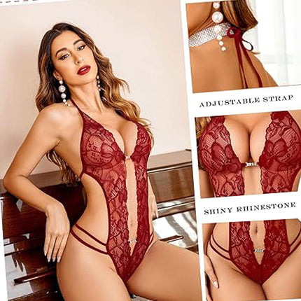 Avidlove Women's Sexy Bodysuit Underwear Lingerie Body Backless Lace Lingerie Wine Red Medium