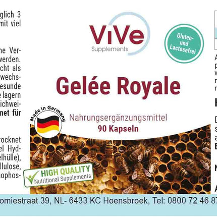Royal Jelly 500mg - 90 Capsules - Standardized to 4% 10-HDA - High-quality according to ISO standards - Gently freeze-dried | Quality from Germany by ViVe Supplements