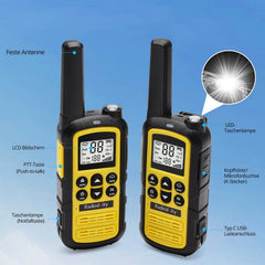 Radioddity PR-T6 Walkie Talkie PMR446 License-Free Two-Way Radio for Adults and Kids, Rechargeable Walkie Talkie with VOX, USB-C Charging, Flashlight, Earpiece for Camping Hiking, 2-Pack, Yellow