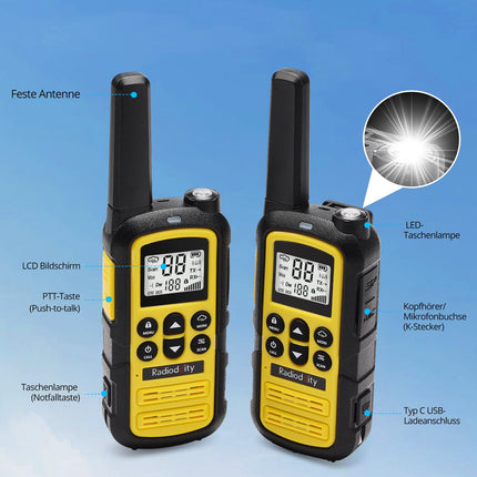 Radioddity PR-T6 Walkie Talkie PMR446 License-Free Two-Way Radio for Adults and Kids, Rechargeable Walkie Talkie with VOX, USB-C Charging, Flashlight, Earpiece for Camping Hiking, 2-Pack, Yellow