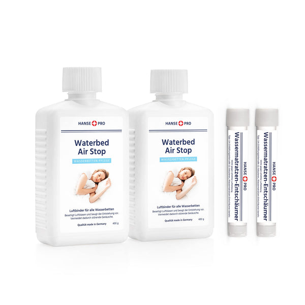Hanse Pro Air Binder Set for Waterbeds, 2 x 250 ml Air Stop, 2 x 15 ml Waterbed Defoamer | Care | Air Binder | Air Solvent | Eliminates air noise in waterbeds | Bubble Stop