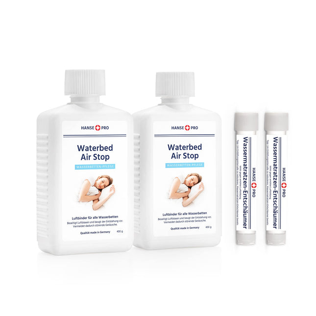 Hanse Pro Air Binder Set for Waterbeds, 2 x 250 ml Air Stop, 2 x 15 ml Waterbed Defoamer | Care | Air Binder | Air Solvent | Eliminates air noise in waterbeds | Bubble Stop