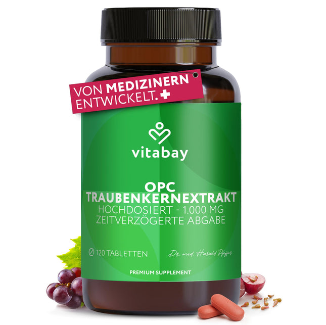 Vitabay OPC Grape Seed Extract 1000 mg High Dose - 120 Vegan Capsules Time Released - Grape Seed Extract with Polyphenols - Natural Plant Substances without Undesirable Additives - Laboratory Tested