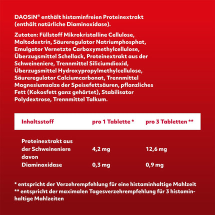 DAOSiN tablets to supplement the body's own DAO enzyme for the breakdown of histamine from food, clinically tested, over 90% recommendation rate - 120 tablets