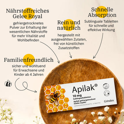 Apilak Grindex 10 mg - Dietary Supplement with Liophilized Royal Jelly | Support for Adults and Children | 25 Natural Sublingual Tablets